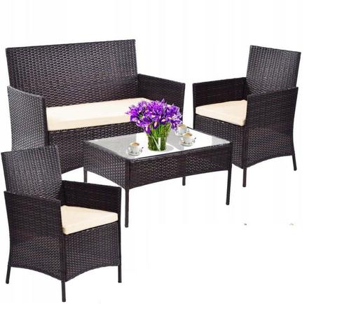 Design tuinset met melkglas tafelblad - 2 stoelen, bank e..., Tuin en Terras, Tuinsets en Loungesets, Nieuw, Rotan, Tuinset, 4 zitplaatsen