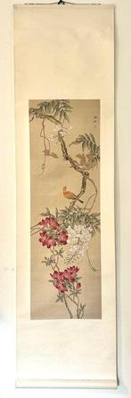 Peinture chinoise sur soie, oiseaux, pivoines et glycine en