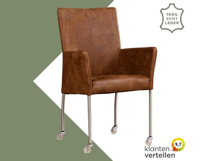Leren eetkamerstoel Comfort met wieltjes en armleuning -, Huis en Inrichting, Stoelen, Bruin, Eén, Nieuw, Leer, Ophalen of Verzenden