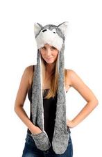 Muts Wanten Grijze Husky Sjaalmuts met Oortjes Wolf Hond Bon, Ophalen of Verzenden