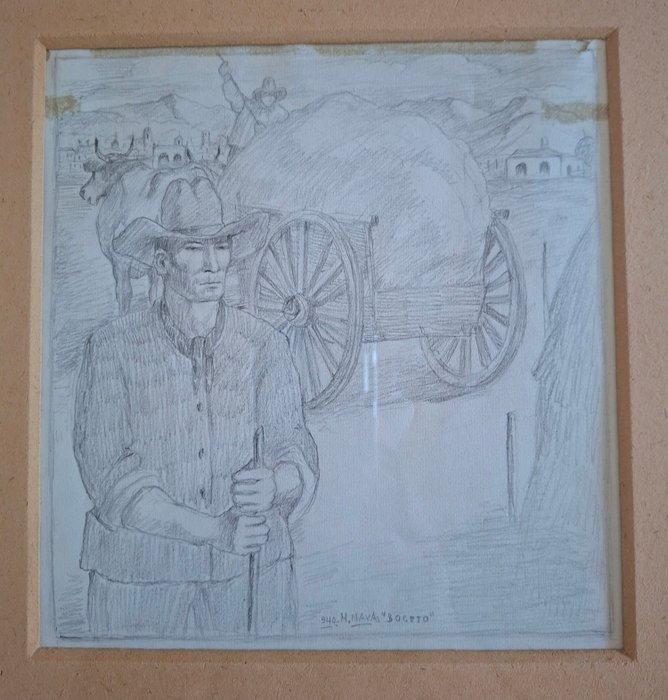 Hector Nava (1873-1940) - Contadino e carro di buoi, Antiquités & Art, Art | Peinture | Classique