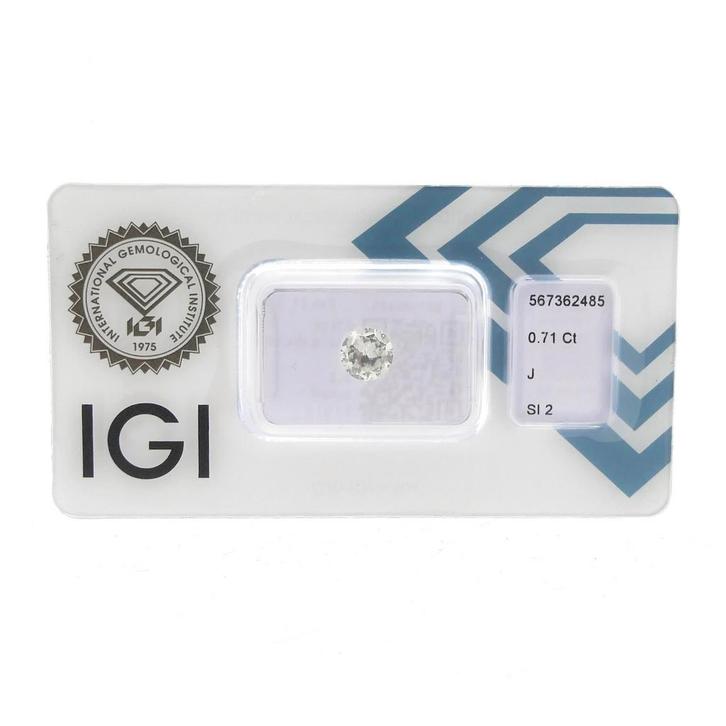0,71 ct. Briljant geslepen diamant J / SI2 + IGI Certific..., Antiek en Kunst, Antiek | Zilver en Goud, Ophalen of Verzenden