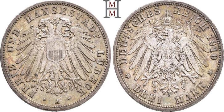 3 Mark 1910 A Reichszilvermunten Luebeck Freie en Hansestadt, Postzegels en Munten, Munten | Europa | Niet-Euromunten, België