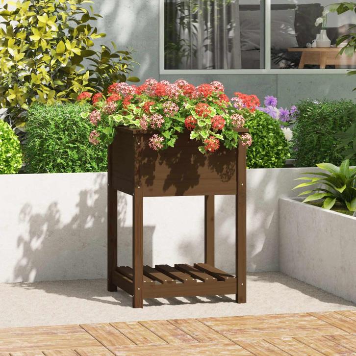 vidaXL Plantenbak met schap 54x54x81 cm grenenhout, Tuin en Terras, Bloempotten, Nieuw, Verzenden