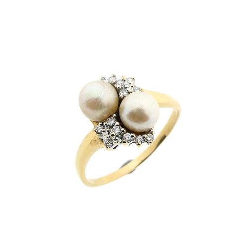 18 Krt. Gouden ring met parel en diamant | 0,28 ct., Handtassen en Accessoires, Ringen, Dame, Met edelsteen, Overige kleuren, 20 of groter