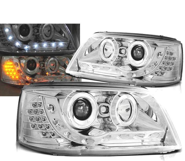 PHARES VW T5 03-09 AVEC CLIGNOTANTS LED DAYLIGHT CHROMÉ, Autos : Pièces & Accessoires, Éclairage, Envoi