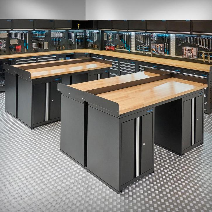 Datona Werkbank PRO eiken - 8 opbergkasten - 200 cm - zwart, Doe-het-zelf en Bouw, Werkbanken, Ophalen of Verzenden