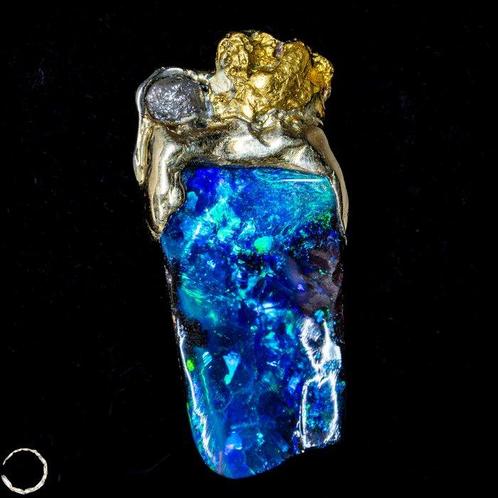 Opale de Boulder naturelle avec diamant et nugget dor,, Verzamelen, Mineralen en Fossielen