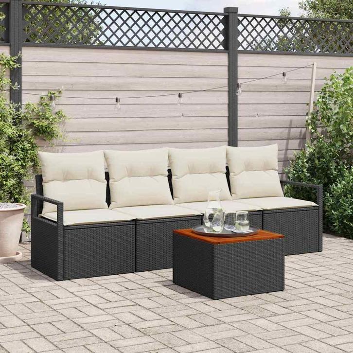 vidaXL Tuinbank Set met kussen 5 pcs Zwart poly rattan, Tuin en Terras, Tuinsets en Loungesets, Nieuw, Verzenden
