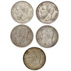 België. Leopold II (1865-1909). 5 Francs 1873/1875 (5 stuks), Postzegels en Munten