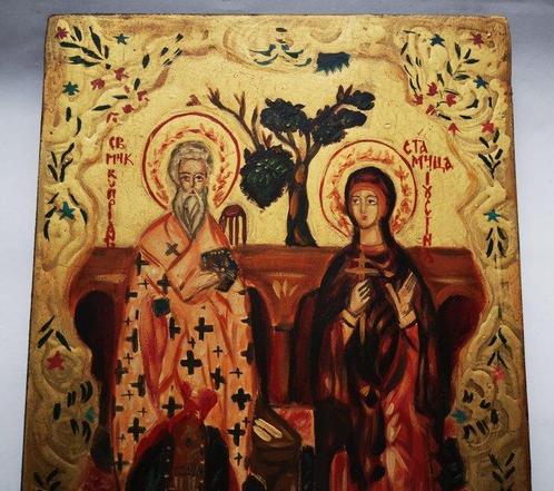 Icoon - Heiligen Cyprianus en Justina, met de hand, Antiek en Kunst, Antiek | Boeken en Manuscripten