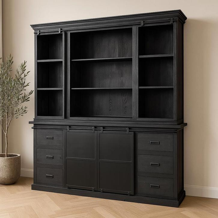 Buffetkast Mangohout Milan 200 Recht Zwart, Huis en Inrichting, Kasten | Buffetkasten, 25 tot 50 cm, Nieuw, Overige houtsoorten