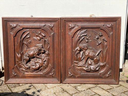 Zwarte Woud - Paneel (2) - Eik - Antiek Paneel jachthonden, Antiek en Kunst, Antiek | Overige Antiek