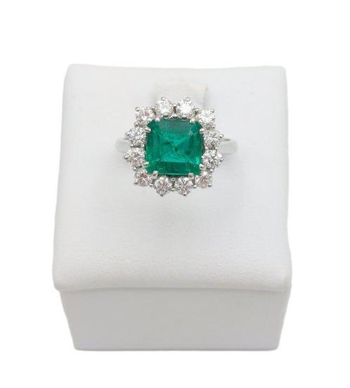 Bague - 18 carats Or blanc -  3.03ct. tw. Émeraude - Diamant, Handtassen en Accessoires, Ringen