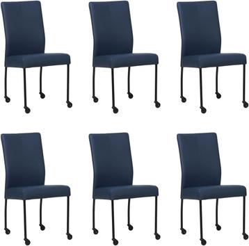 Set van 6 Blauwe leren moderne eetkamerstoelen - poot rond, Ophalen of Verzenden