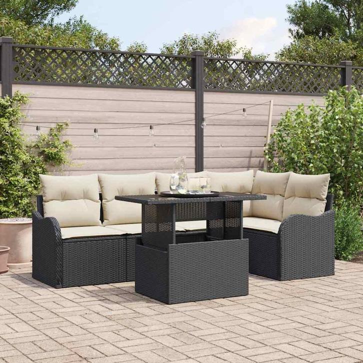 vidaXL Tuinbank Set met kussen met kussen 6 pcs Zwart Poly, Tuin en Terras, Tuinsets en Loungesets, Nieuw, Verzenden