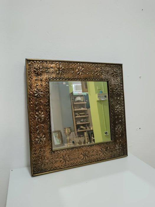 Spiegel- Vierkante spiegel met koperen rand - blik, Koper, Antiquités & Art, Curiosités & Brocante