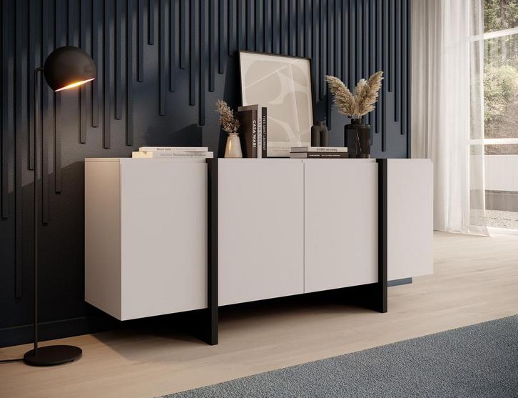 Meubella Dressoir Kelton beige zwart 180cm, Huis en Inrichting, Kasten | Dressoirs, 25 tot 50 cm, Nieuw, 150 tot 200 cm, Verzenden