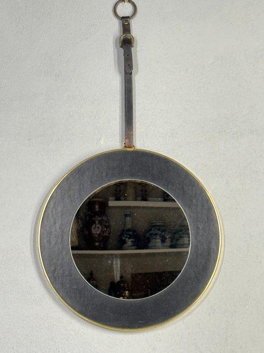 Spiegel - Glas, Hout, Leder - Mid-Century spiegel met leren, Antiek en Kunst, Kunst | Designobjecten