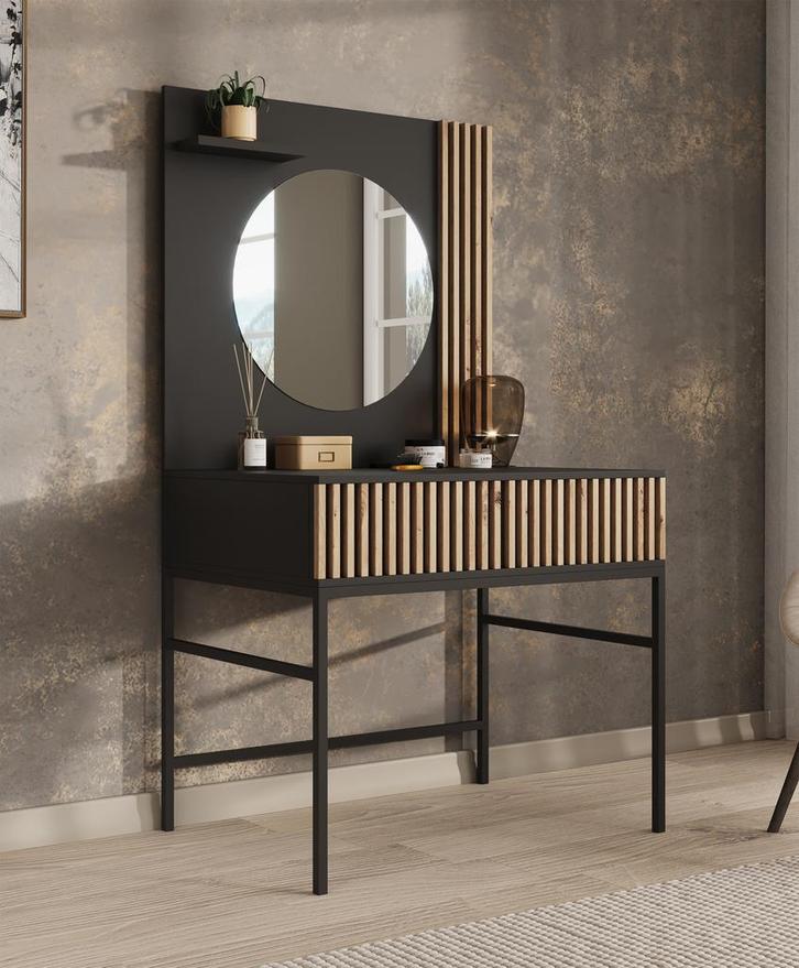 Meubella | Kaptafel zwart eiken Make-up tafel 85 cm Met lade, Huis en Inrichting, Woonaccessoires | Spiegels, Nieuw, 150 tot 200 cm