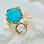 Turquoise - Zilver, Verguld - Ring - Turquoise, parels en