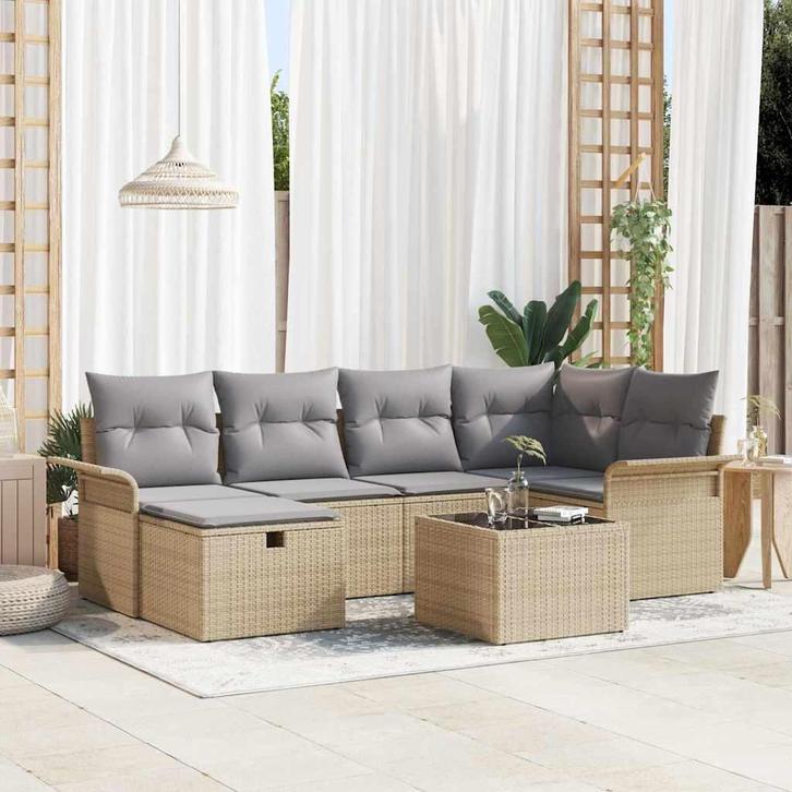 vidaXL Tuinbank Set met kussen met opslag 7 pcs Beige Poly, Tuin en Terras, Tuinsets en Loungesets, Nieuw, Verzenden