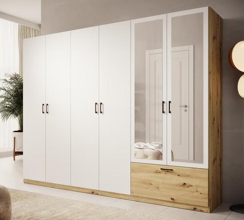 Meubella | Kledingkast 270cm wit eiken met spiegel 1 lade, Huis en Inrichting, Kasten | Overige, Nieuw, Verzenden