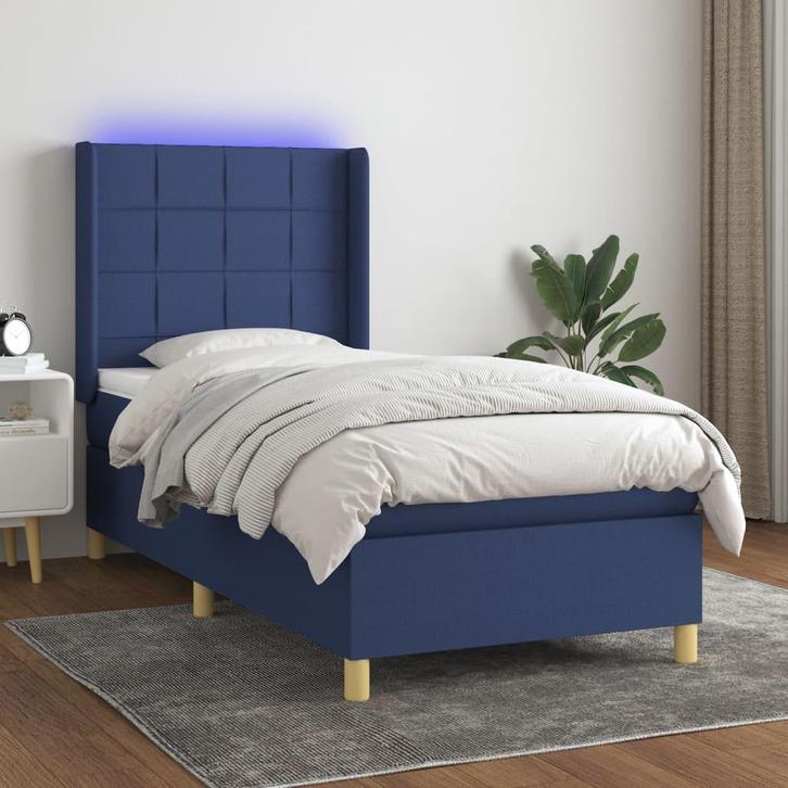 vidaXL Boxspring met matras en LED stof blauw 90x200 cm, Huis en Inrichting, Slaapkamer | Bedden, Nieuw, Verzenden