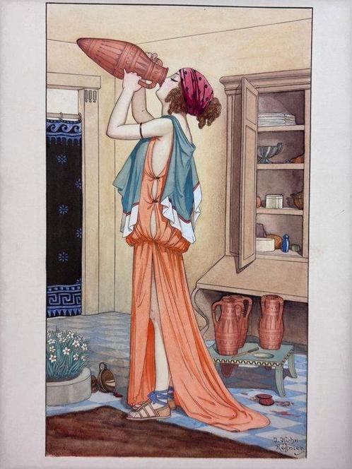 Signé ; Joseph Kuhn-Régnier - Aquarelle Originale Signée, Antiek en Kunst, Antiek | Boeken en Manuscripten