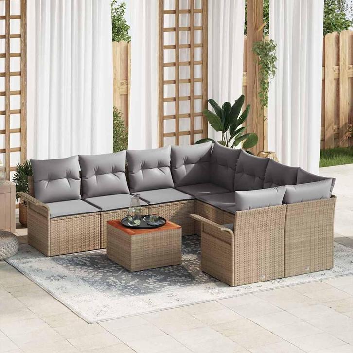 vidaXL Tuinbank Set 9 pcs Beige Poly rattan, Tuin en Terras, Tuinsets en Loungesets, Nieuw, Verzenden