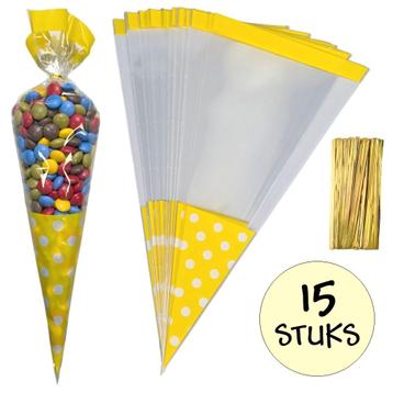 Fako Bijoux® - 15x Cellofaan Puntzakken Gele Stippen 37x18cm disponible aux enchères