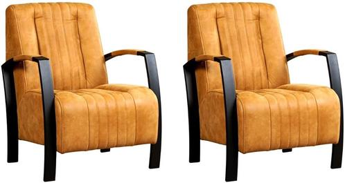 Set van 2 Cognac leren industriële stalen fauteuils - Kenia, Maison & Meubles, Fauteuils, Enlèvement ou Envoi
