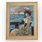 Europese school (XX) - Elegant Lady with Parasol by the Sea, Antiek en Kunst, Kunst | Schilderijen | Klassiek
