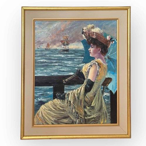 Europese school (XX) - Elegant Lady with Parasol by the Sea, Antiek en Kunst, Kunst | Schilderijen | Klassiek