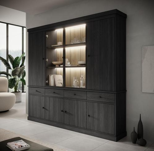 Meubella | Buffetkast zwart eiken 240cm - Vitrinekast LED, Huis en Inrichting, Kasten | Buffetkasten, 25 tot 50 cm, Nieuw, 200 cm of meer