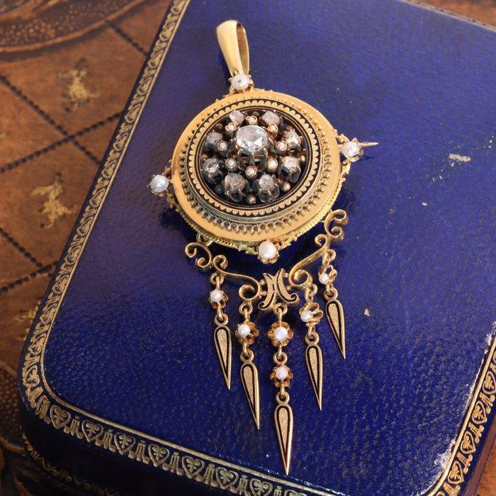 Hanger - 18 karaat Geel goud - Diamant - Broche, emaille ca., Bijoux, Sacs & Beauté, Bijoux anciens