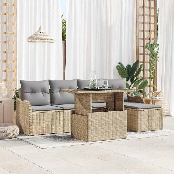 vidaXL Buiten Zitset met kussen 6 pcs Beige Poly rattan, Tuin en Terras, Tuinsets en Loungesets, Nieuw, Verzenden