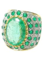 Zonder minimumprijs - Ring - 9 kt. Zilver, Geel goud Smaragd, Handtassen en Accessoires, Ringen, Nieuw