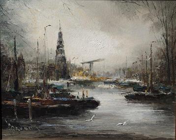 Jan Bévort (1917-1996) - Havengezicht met boten