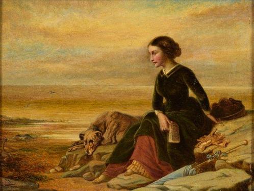 Samuel Baldwin (actief circa 1843-1858) - Vrouw en hond op, Antiquités & Art, Art | Peinture | Classique