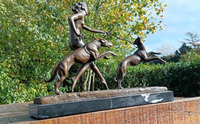 sculptuur, diana met 2 windhonden - 32 cm - brons marmer, Antiek en Kunst, Kunst | Designobjecten