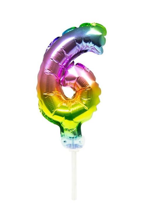 Folie Ballon Cijfer 6 Regenboog 13cm met Stokje, Hobby en Vrije tijd, Feestartikelen, Nieuw, Verzenden