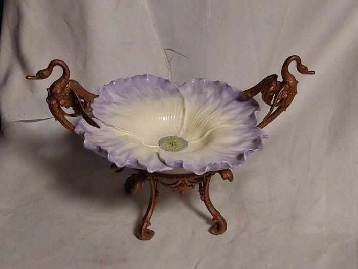Art Nouveau schaal met bronzen stervende zwanen - Schaal -, Antiek en Kunst, Curiosa en Brocante