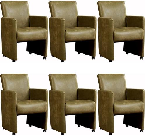 Set van 6 Leren eetkamerfauteuils met armleuning en wieltjes, Huis en Inrichting, Stoelen, Overige kleuren, Vijf, Zes of meer stoelen