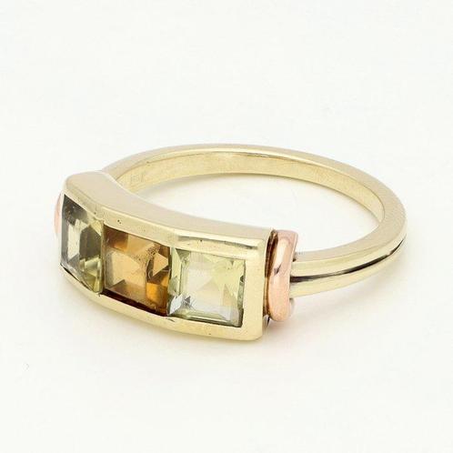 Ring - 14 karaat Geel goud Citrien - Groene kwarts, Handtassen en Accessoires, Ringen