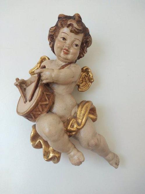 Snijwerk, Holzfigur - farbiger Engel mit Trommel - Wandfigur, Antiek en Kunst, Antiek | Boeken en Manuscripten