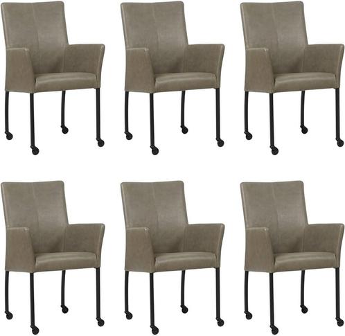 Set van 6 Grijze leren moderne eetkamerstoelen - poot rond, Huis en Inrichting, Stoelen, Overige kleuren, Vijf, Zes of meer stoelen
