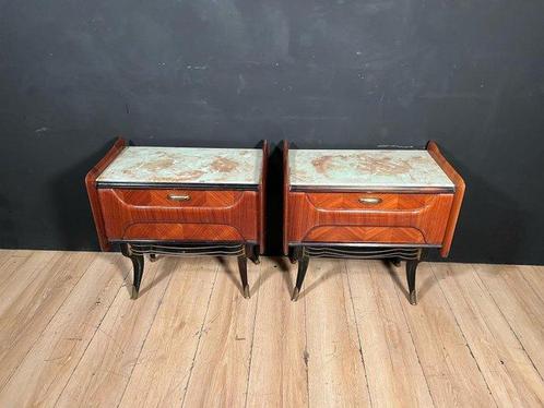 Nachtkastje - Hout, Marmer - Vintage houten nachtkastje met, Antiek en Kunst, Kunst | Designobjecten