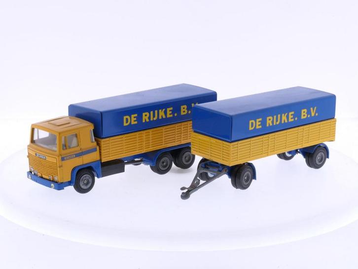 Schaal 1:50 Tekno Scania 141 truck + trailer De Rijke B.V..., Hobby en Vrije tijd, Modelauto's | 1:50, Zo goed als nieuw, Tekno