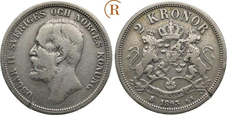 2 Kronen Stockholm 1893 Schweden: Oskar Ii, 1872-1907:, Postzegels en Munten, Munten | Europa | Niet-Euromunten, België, Verzenden